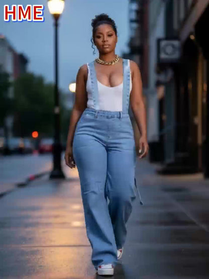 Stylish Women'S Boyfriend Denim Overalls - Relaxed Loose Fit with Utility Cargo Pockets, Comfortable Casual Jumpsuit