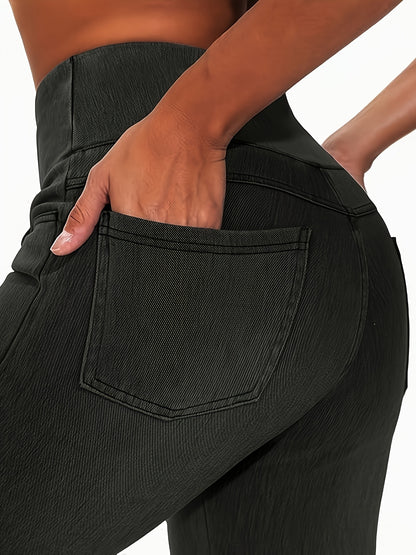 Women's Slim-fit Jeans with Four Pockets, High-waisted Stretchy Leggings, Fashionable Tummy- Denim Style