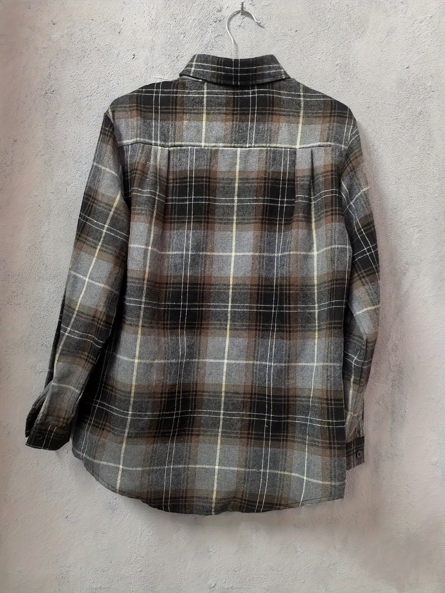 Plus Size, Plus Size- Women's Casual Flannel Plaid Shirt Button Long Sleeve Gray Shirt Jacket with Pockets