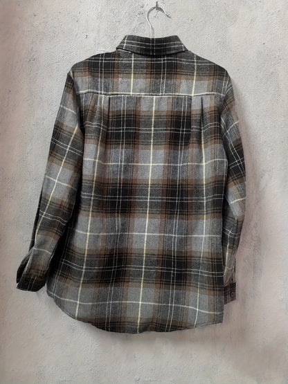 Plus Size, Plus Size- Women's Casual Flannel Plaid Shirt Button Long Sleeve Gray Shirt Jacket with Pockets