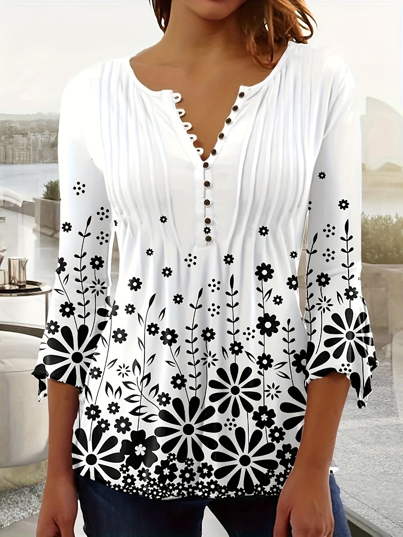 Plus Size - Plus Size - Elegant V-Neck Button Top with Floral Design And 3/4 Sleeves for Women, Suitable for Casual Wear in Autumn And Winter, Machine Washable