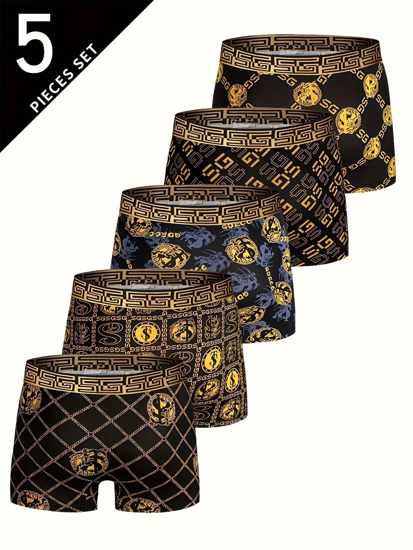 Random 5-Pack GDECC Men'S Ultra-Thin Breathable Boxer Briefs, Black And Golden Knight Chain Design, Soft Elastic Fiber, Suitable For Daily Wear And Special Occasions, Special Occasion Underwear| Knight Chain Pattern| Smooth Fabric Underwear