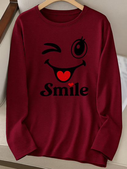 Milk Line 180g Premium Polyester Long Sleeve T-Shirt - Vibrant joyful Face & Blinking Eye Graphic Print, Asymmetrical Hem, Crew Neck Casual Elegant Pullover for Spring Summer Fall, Machine Washable