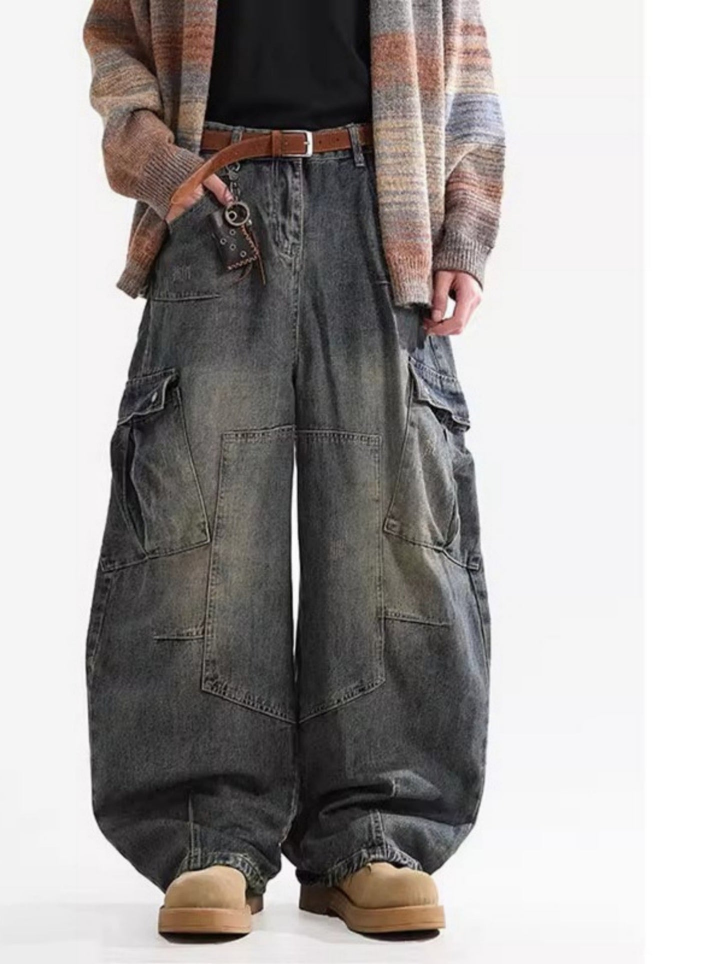 Men'S Retro Oversized Multi-Pocket Workwear Jeans, Hip-Hop Denim Trousers, Unisex Casual Loose Pants, Suitable for Any Season