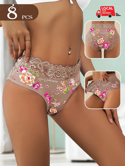 8-pack Floral Lace Women's Mid Waist Underwear with a Mid Waist Design That Fits the Body, Is Soft, Skin Friendly, Comfortable, Breathable, Triangular Underwear Suitable for Daily Wear and Dates
