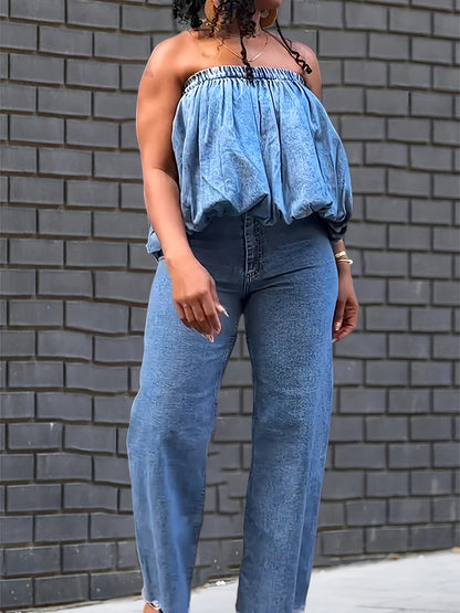 Women's Summer Denim Tube Top with Elastic Band & Balloon Hem - Ruffled Short Sleeveless Shirt, Breathable Non-Stretch Fabric, Hand Wash Only, Casual Chic Outfit Essential, Denim Top Ladies, Stylish Poolside Attire, Soft Texture Fabric