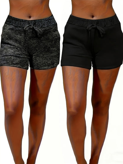 2pcs Solid-color Casual Pocket Women'S Shorts With Adjustable Drawstrings - Spring, Summer And Autumn Lightweight And Breathable Fabric, Machine Washable, Suitable For Home And Daily Wear, Seasonal Fashion, Soft Texture