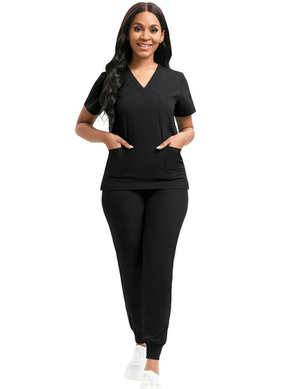[Scrub Suit Set] Scrub Suit Set For Women Modern V-Neck Top T-Shirt & Tapered Leg Jogger Pants With Drawstring 2pcs Set Nursing Uniforms Set Suitable For Pet Hospitals, Dental Clinics, Nursing Work, Etc