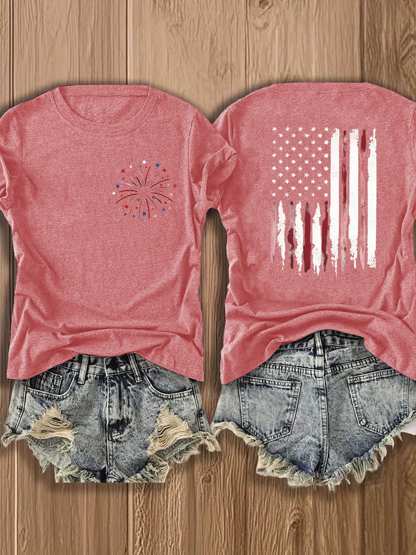 Women'S Summer Crew Neck Short Sleeve T-Shirt, Lightweight & Breathable, American Flag & Fireworks Print, Casual Street Style Top For Daily Wear & Patriotic Celebrations, Comfortable Athletic Outfit