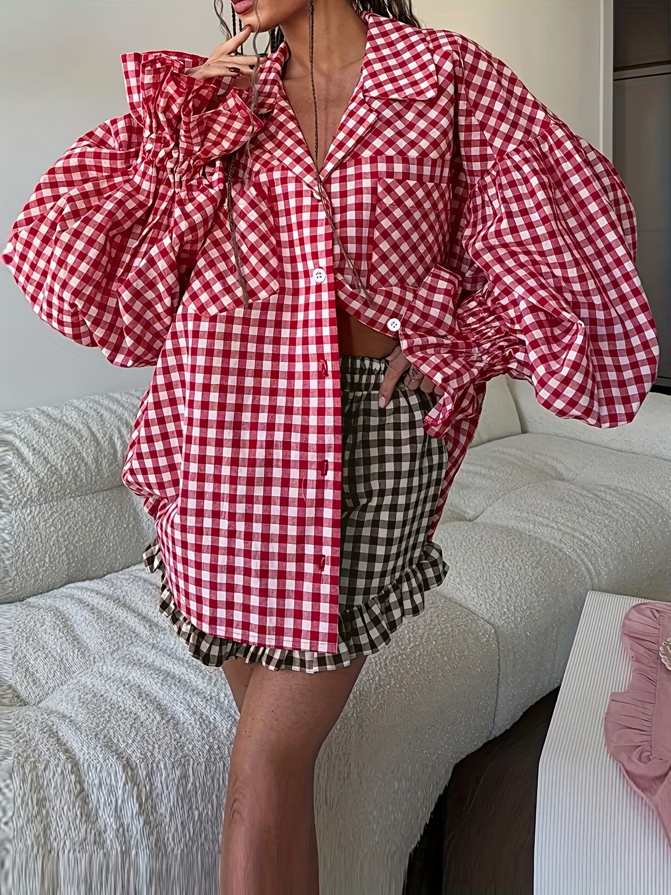 Plus Size - Plus Size - Oversized Red And White Gingham Shirt: Flared Puff Sleeves, Point Collar, Button-Front. Ideal for Casual Layering And Retro Chic Looks