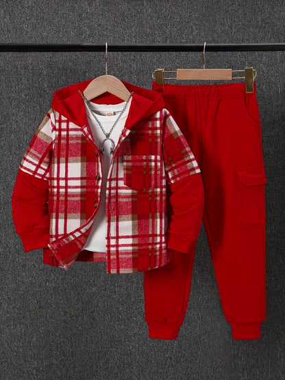 2pcs, Autumn And Winter New Boys' Long-Sleeve Plaid Cardigan Suit Boys' Puff Hooded Jacket Boys' Fashion Work Pants, for Outdoor