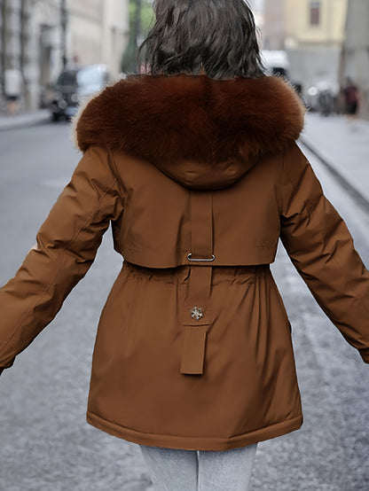 Women's Parka Coat 2025 Winter Thickened Padded Coat, Fashionable and Versatile with Detachable Collar, Waist Drawstring Design, and Lining