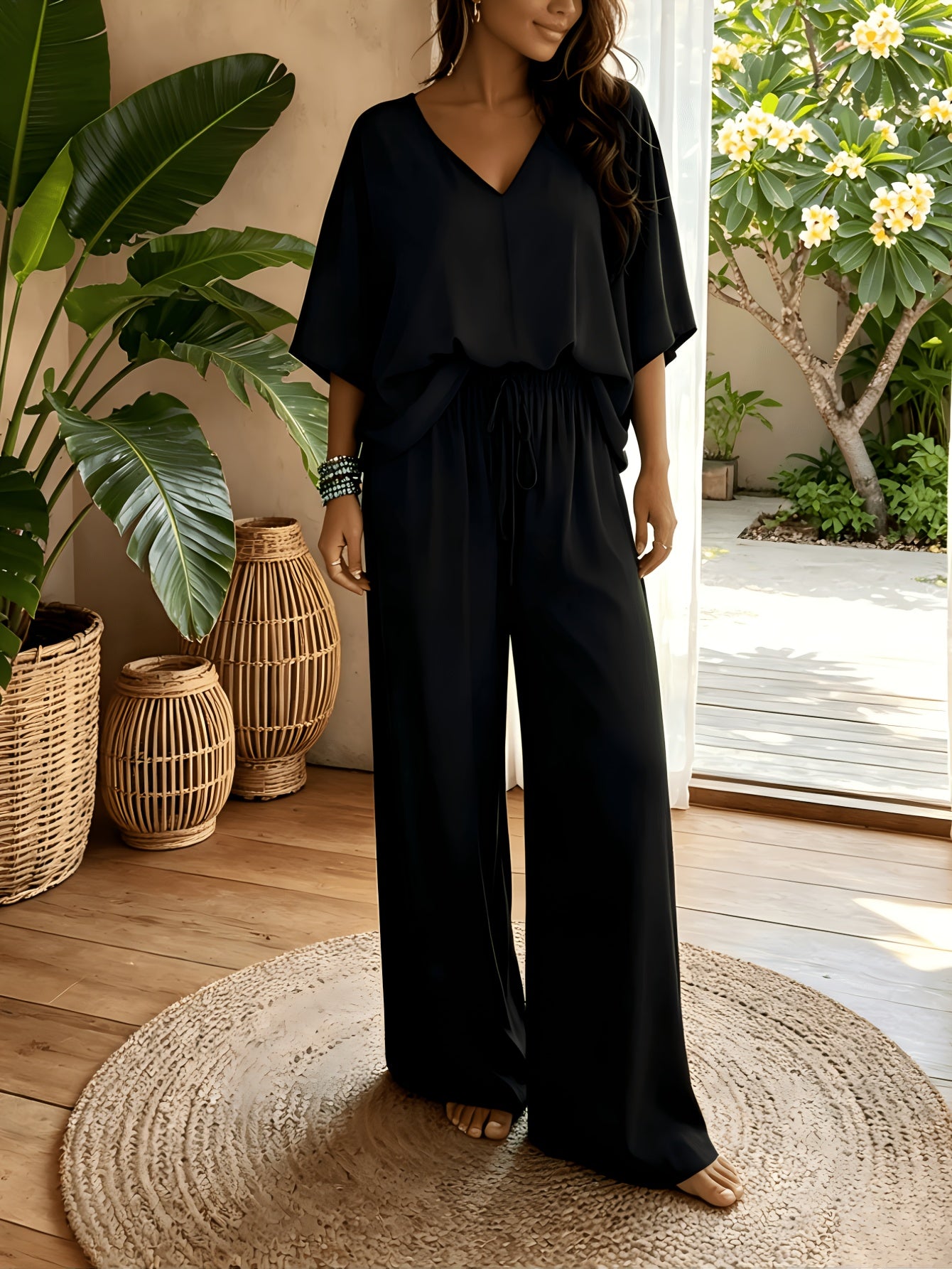 Women'S 2pcs V-Neck Wide Leg Pants Set - Boho Short Sleeve Loose Top & Drawstring Waist Outfit, Summer Beach Loungewear For Vacation, Perfect For Holiday And Daily Wear