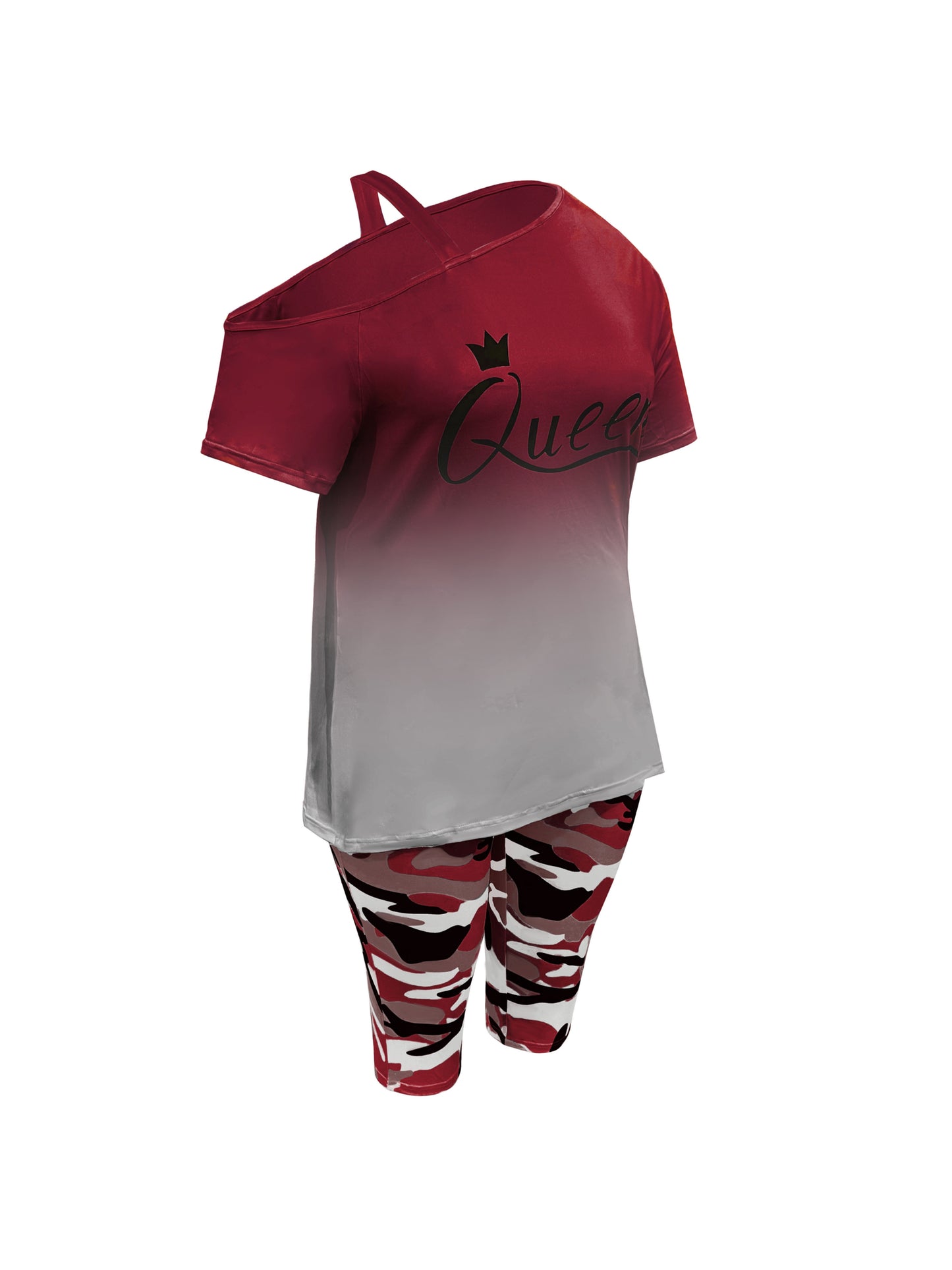 Plus Size - Ladies Fashion Daily Casual Suit, Diagonal Shoulder Camisole Gradient Letter Print Top + Camouflage Capri Pants Design.