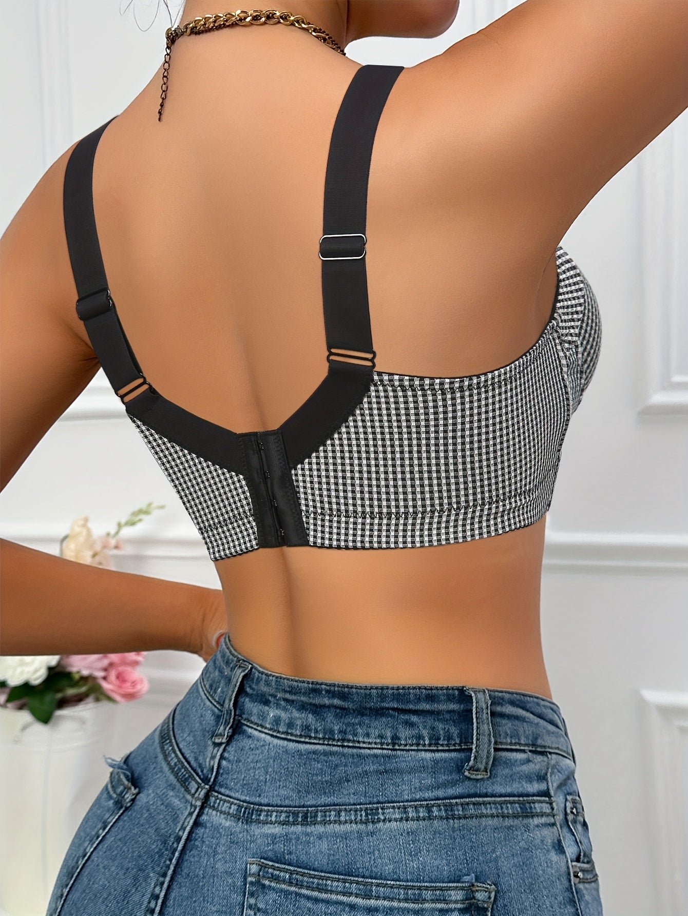 High-end Black And White Checkered Women's Bra with Underwire And Wide Shoulder Straps