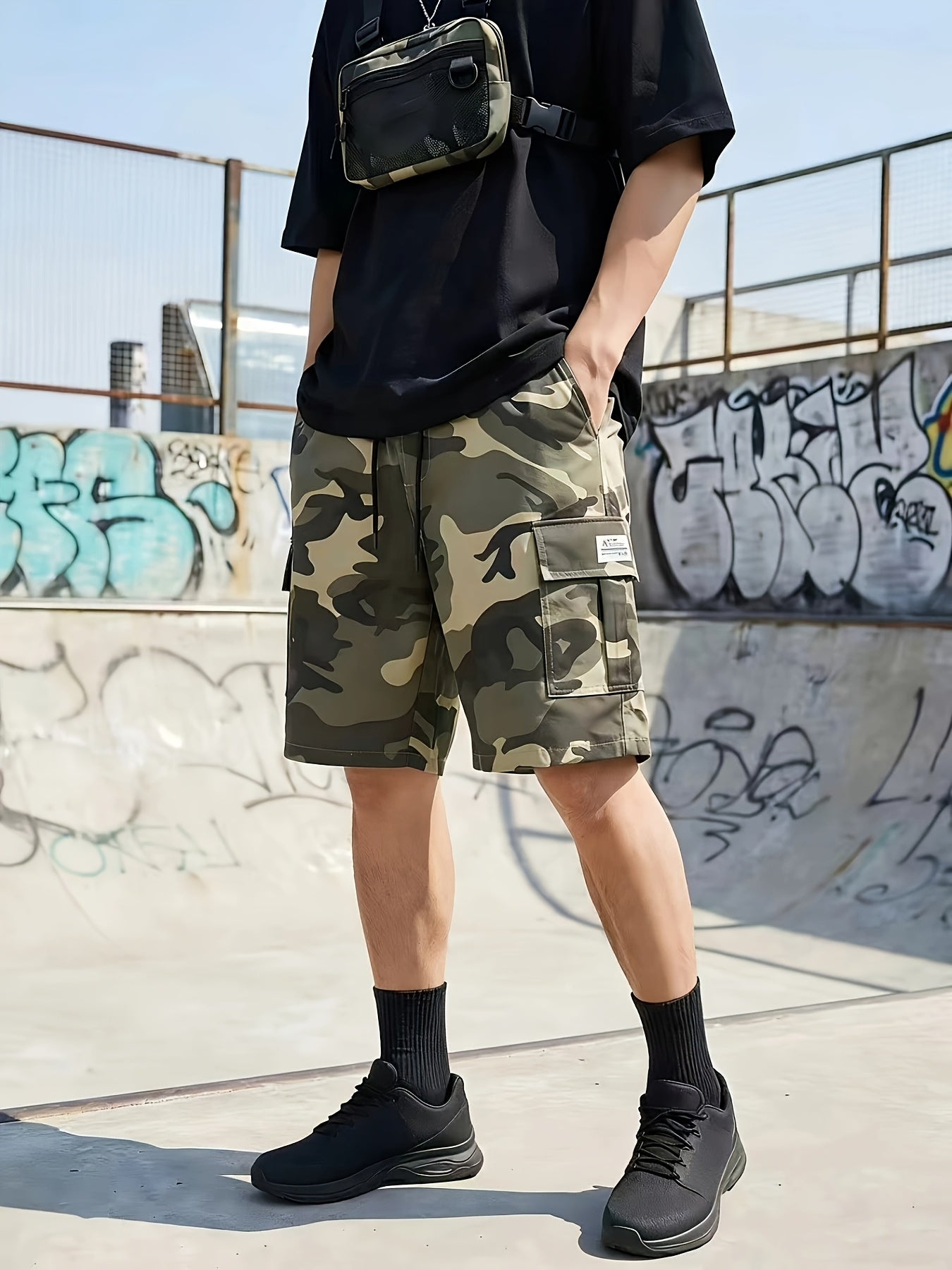 3pcs Men's Cargo Shorts, Casual Athletic Shorts - Multi-Pocket Ripstop, (Includes Wristband) Adjustable Waist (Black, Gray, Khaki) - Outdoor & Travel