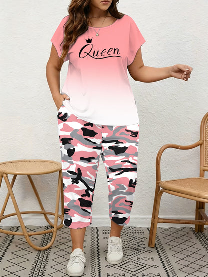 Plus Size, Spring/Summer Plus Size Women's 2pcs Set, Gradient Print And Queen Print, Round Neck Top with Capri Pants, Suitable for Home, Leis And Outings