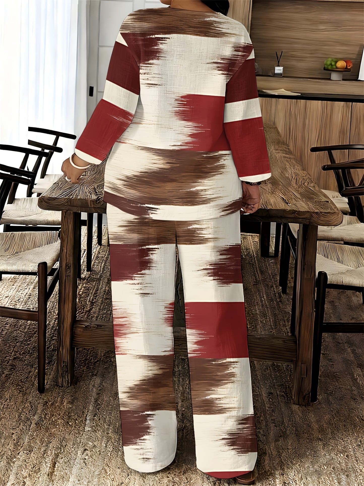 2026 New Women's Standard Size Long Sleeved Pants 2pcs Set, Set, Spring And Summer New V-Neck Long Sleeved Shirt Printed Elastic Waistband Pants 2pcs Set, Digital Printing Machine Washable Fabric, Elegant And Comfortable