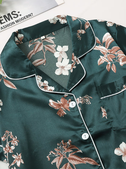 Solid Satin Pajama Set, Casual Short Sleeve Buttons Lapel Top & Shorts, Women'S Sleepwear