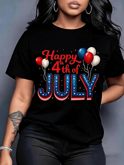 4th Of July American, USA Independence Day, Size - Plus Size - American Retro Style Happy 4Th Of July Balloon Print Short-Sleeve T-Shirt, Fresh And Stylish, For Teen, 250 USA Anniversary Clothes, 250 American Celebration Items, For Teenager