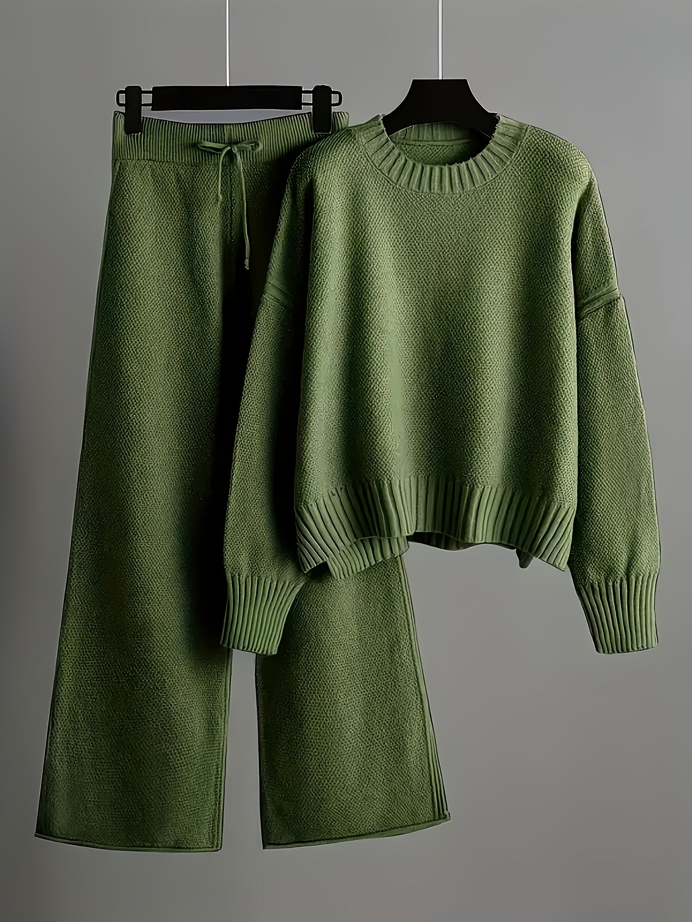 Ladies' Autumn And Winter New Sweater Fashion 2pcs Set: Unique Pattern Round Neck Drop Shoulder Long Sleeve Pullover + Straight Wide Leg Pants Combination, Loose And Casual Series