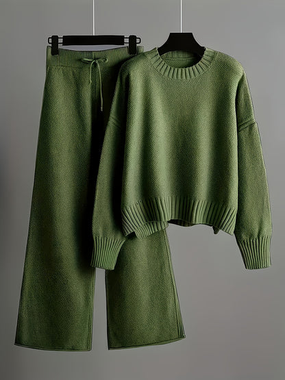 Ladies' Autumn And Winter New Sweater Fashion Two-piece Set: Unique Pattern Round Neck Drop Shoulder Long Sleeve Pullover + Straight Wide Leg Pants Combination, Loose And Casual Series