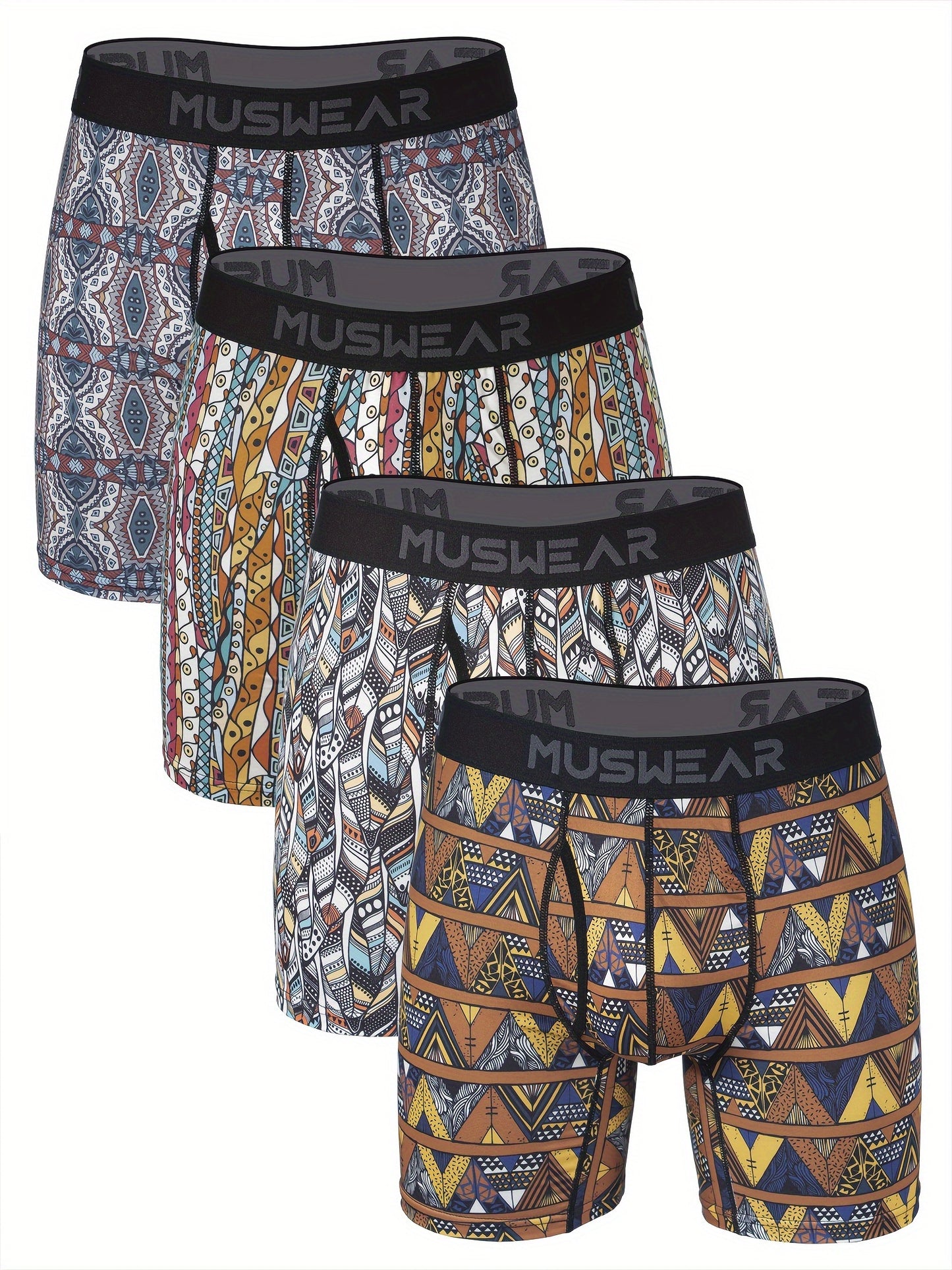 MUSWEAR Men's Quick-Dry Boxer Briefs - Moisture-Wicking Breathable Athletic Underwear with Side Openings, Tribal Geometric Print, Mid-Stretch Fabric for Gym, Casual & Daily Wear, Boxer Shorts, Workout Gear, Sporty Design, Lightweight Construction, Perform