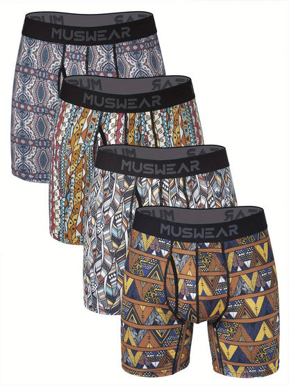 MUSWEAR Men's Quick-Dry Boxer Briefs - Moisture-Wicking Breathable Athletic Underwear with Side Openings, Tribal Geometric Print, Mid-Stretch Fabric for Gym, Casual & Daily Wear, Boxer Shorts, Workout Gear, Sporty Design, Lightweight Construction, Perform