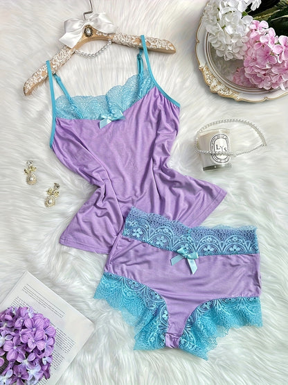 Contrast Color Lace Splicing V-Neck Bow Splicing Soft And Comfortable Skin-Friendly Casual Home Pajamas Set