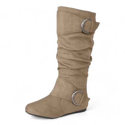 Women's Closed Round Toe Buckle Slouch Flat Heel Mid-Calf Boot