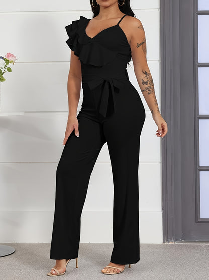 Womens Casual 1pc Jumpsuits V-Neck Sleeveless Ruffle Elegant Romper Wide Leg Pant Sexy Party Clubwear Overalls