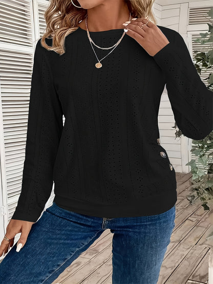 Chic Long-Sleeved Crew Neck Tee - Made from Soft Elastic, Featuring Faux Button Details, Machine Washable, Solid Hue, Length, Ideal for Spring And Autumn - Women'S Fashion Apparel