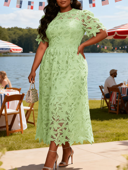 Plus Size - Plus Size - Plus Size Round Neck Lace Dress, Elegant Midi Length with Waist Definition, Formal Banquet And Evening Gown