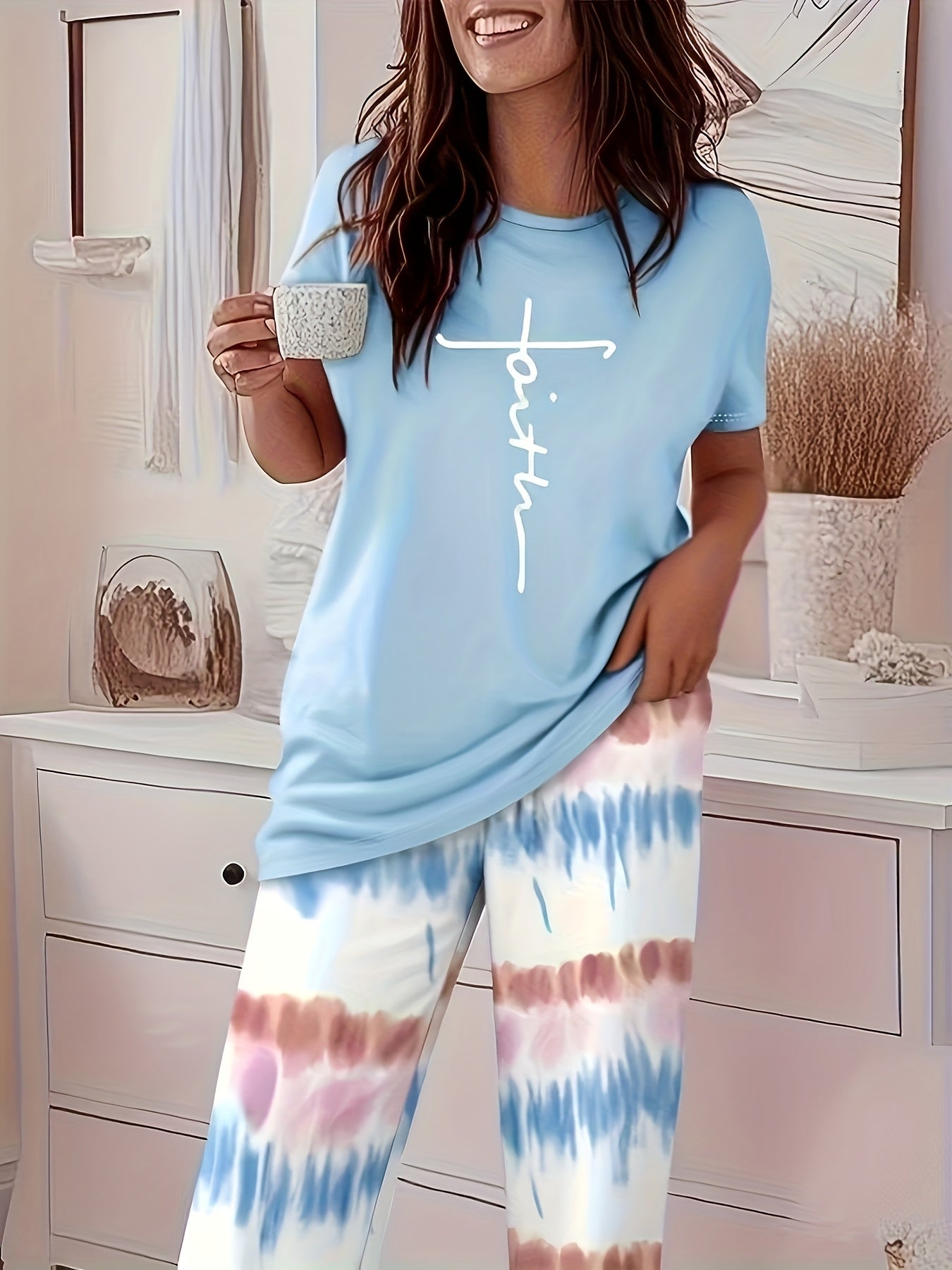 Round Neck Cross Printed Top Short-Sleeved Gradient Wide-Leg Pants Casual Loose Two-Piece Set