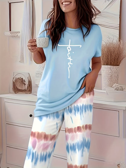 Round Neck Cross Printed Top Short-Sleeved Gradient Wide-Leg Pants Casual Loose Two-Piece Set