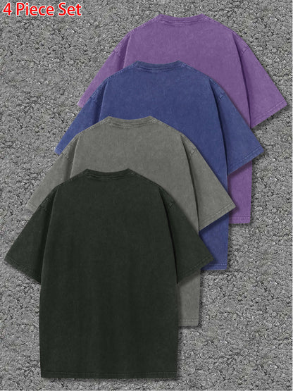 4pcs Women's Heavyweight Vintage Washed Cotton T-Shirts- Loose Drop Shoulder Round Neck Style, Purple/Black/Pink/Blue, Soft Everyday S