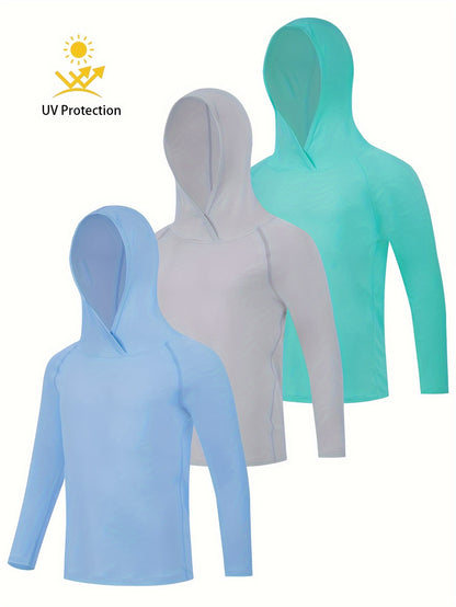 3pcs Plain Color Boys Hoodie, Light Comfy Long-Sleeved Zip Up Jacket, Boys Clothes for Summer Outdoor Activities