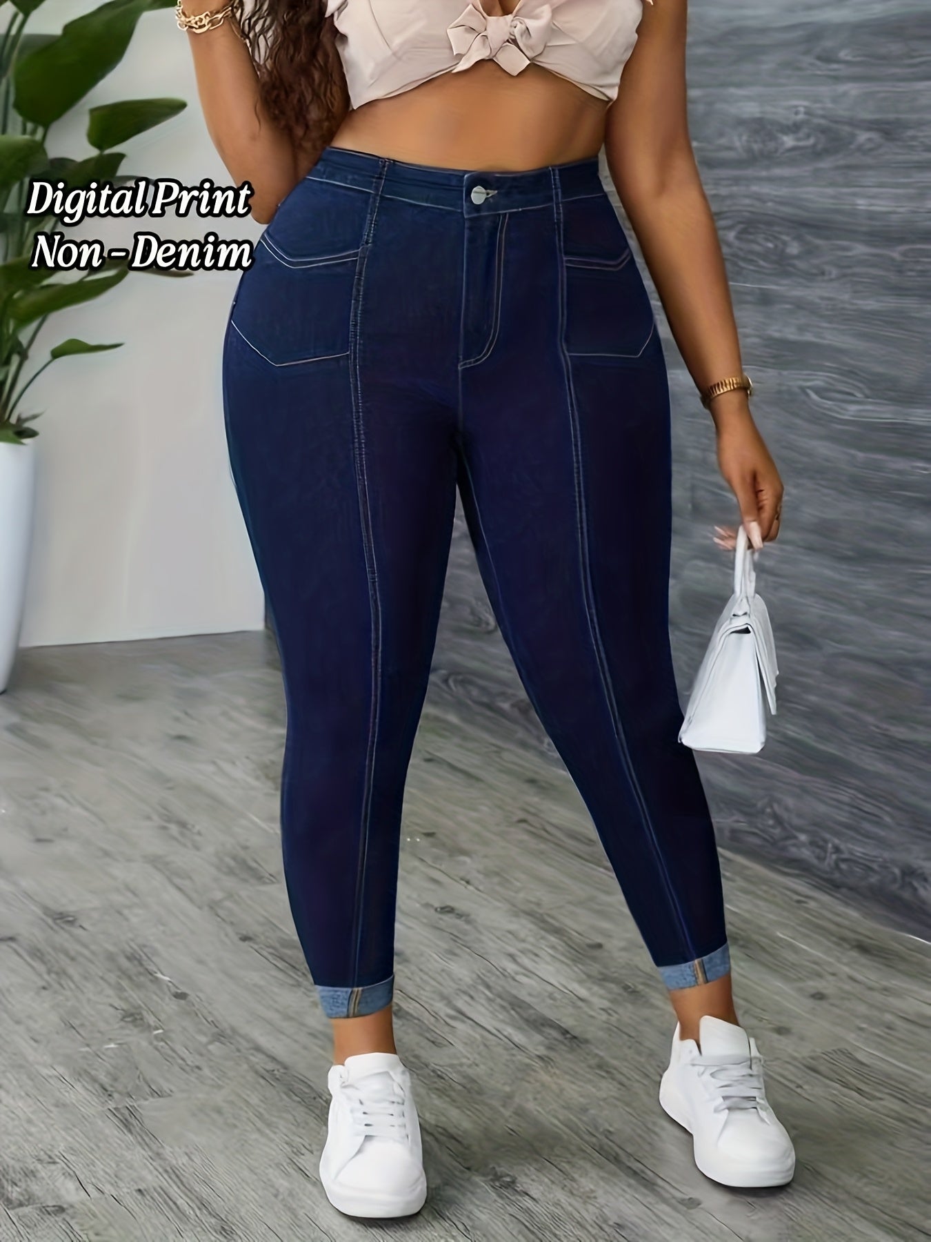 [Printed Pants - Not Denim Fabric]Plus Size - [Printed Pants - Not Denim Fabric]Plus Size - Plus Size, [Denim Print/Imitation Denim] Women'S Plus Size High-Waisted Stretch Skinny Jeans - Wash Blue Imitation Denim Leggings with Belt-Like Waist