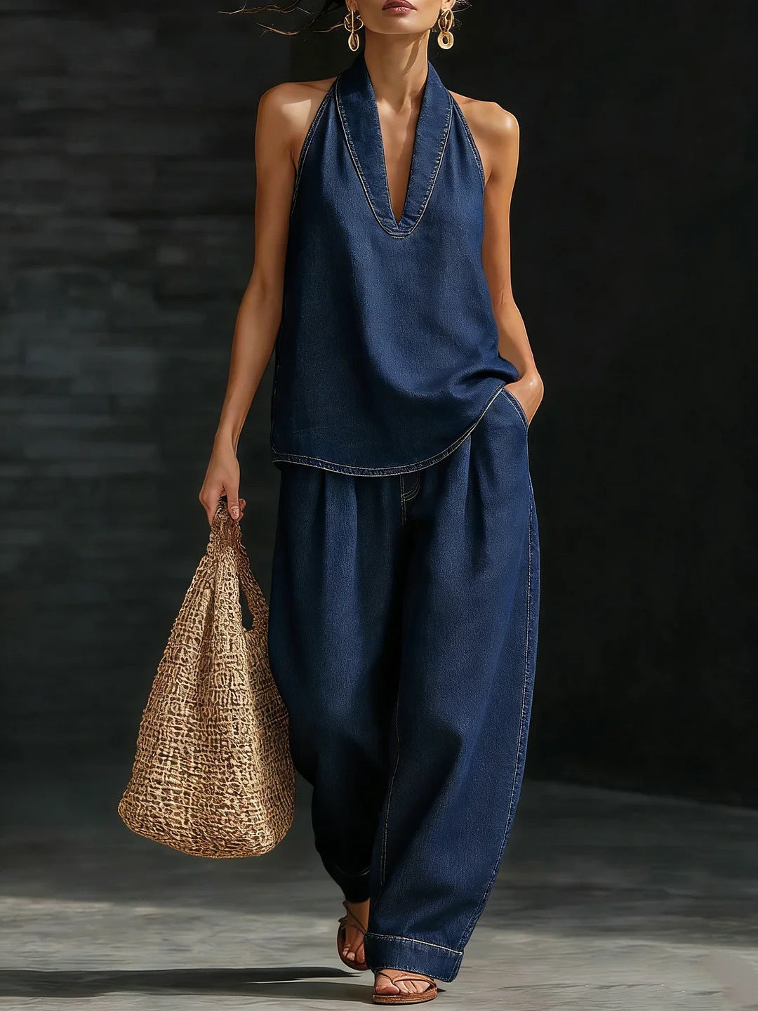 Women's Denim Halter 2pcs Set 2026, Casual Sleeveless V Neck Top & Wide Leg Pants, Loose Fit Streetwear Outfit Eight, Airy & Relaxed Fit