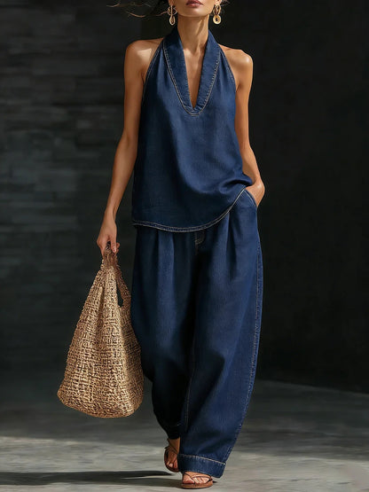 Women's Denim Halter 2pcs Set 2026, Casual Sleeveless V Neck Top & Wide Leg Pants, Loose Fit Streetwear Outfit Eight, Airy & Relaxed Fit