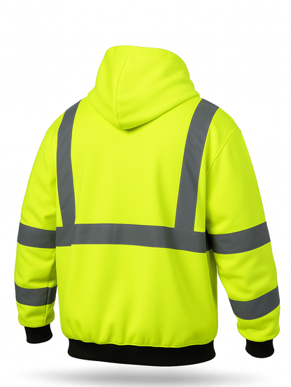 Hi Vis Heavyweight Hoodie ANSI Class 3 Type R Reflective Zip-Up Safety Sweatshirt for Construction with FREE Neck Gaiter
