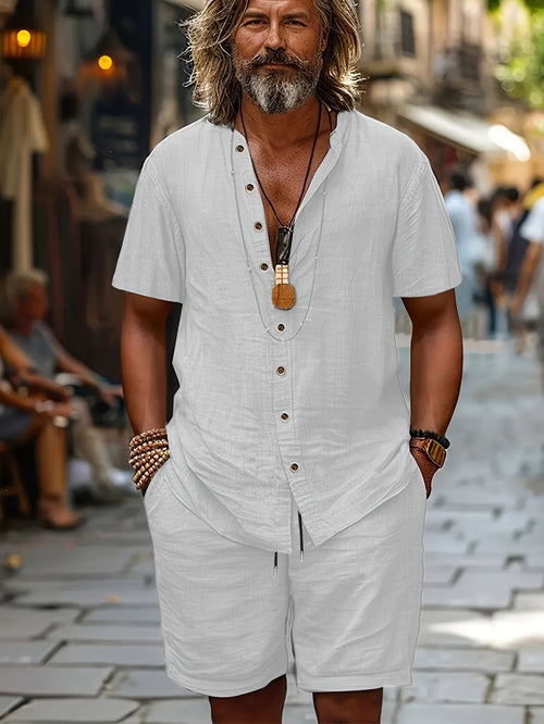 Summer Casual Fabric Men's Solid Color Short Sleeve Single-Breasted Shirt and Shorts Set