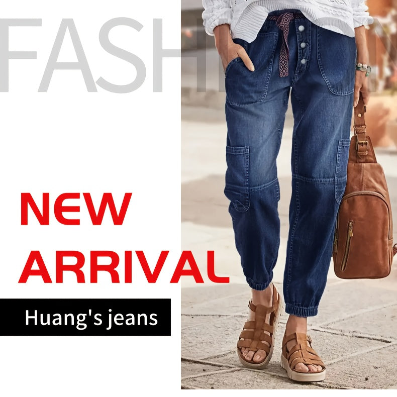 HME Women's Ankle Pants, Elastic Cargo Denim with Multiple Pockets, Heavy Wash Vintage Blue, Beltless Casual Vacation Street Style, Versatile Youthful Fashion, Autumn/Winter New Arrival