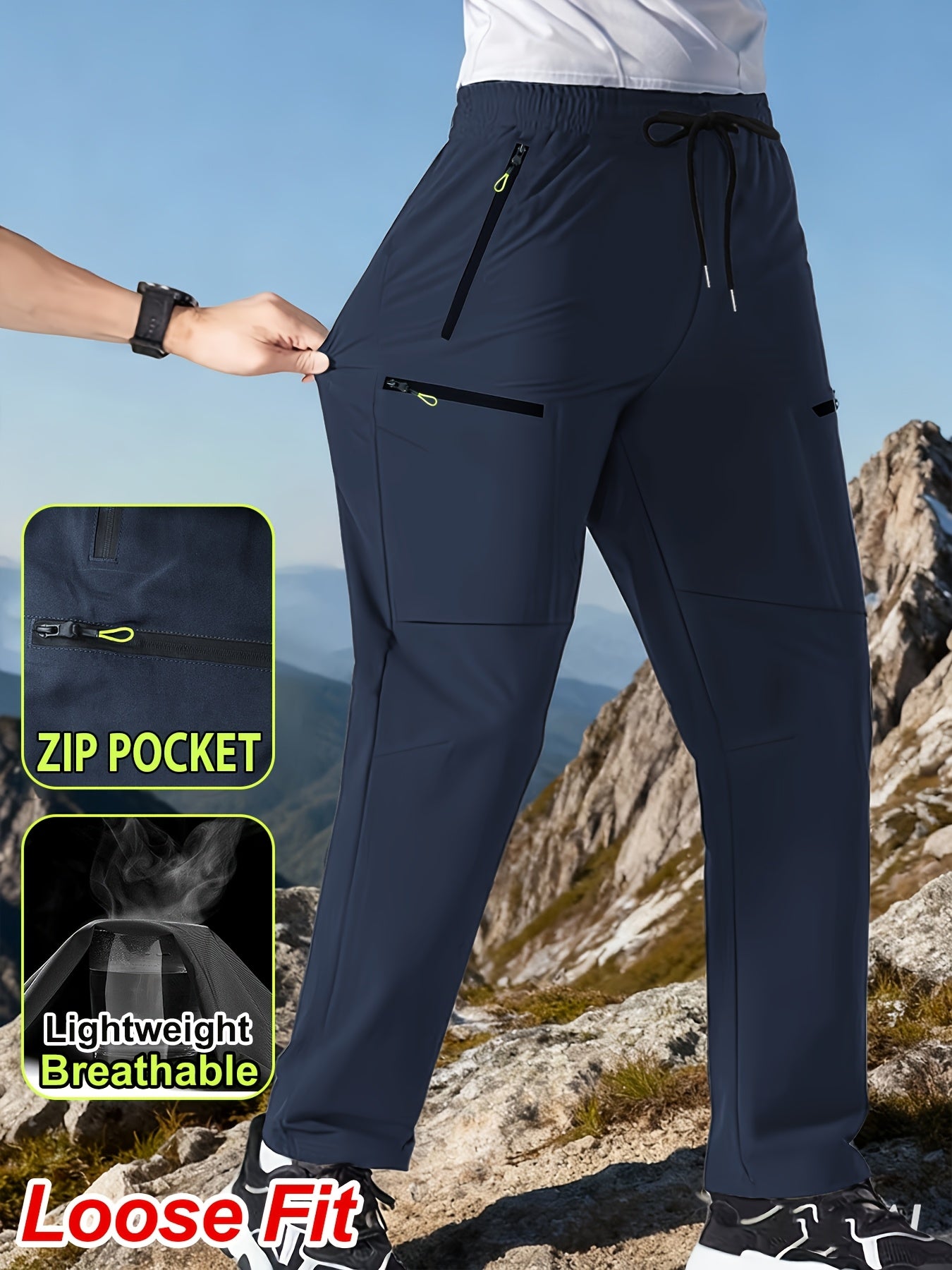 Men's Outdoor Hiking Workwear Straight-Leg Pants Features Zippered Pockets, Breathable Lightweight Design Adjustable Drawstring Waistband Ideal for Outdoor Activities and Everyday Casual Wear, Comfortable Fit