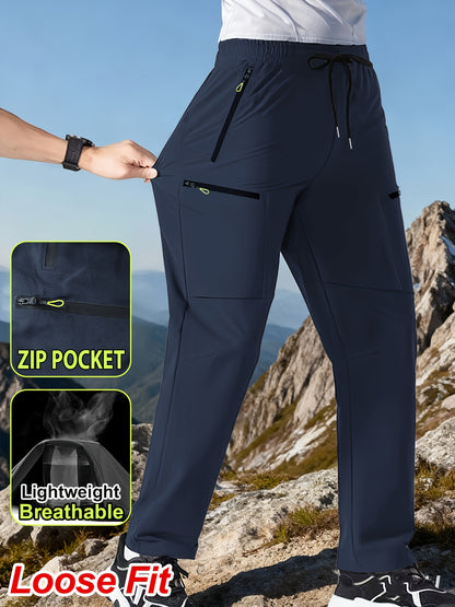 Men's Outdoor Hiking Workwear Straight-Leg Pants Features Zippered Pockets, Breathable Lightweight Design Adjustable Drawstring Waistband Ideal for Outdoor Activities and Everyday Casual Wear, Comfortable Fit
