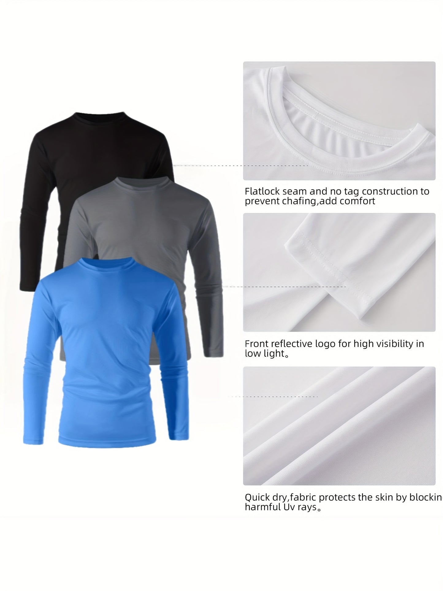3-Pack Men's Quick-Dry Long Sleeve Shirts - Moisture Wicking UPF 50+ Sun Protection, Slim Fit Athletic Sportswear for Gym, Running, Golf & Beach - Breathable All-Season Machine Washable (Black/Blue/Grey, Sizes S-3XL), Long Sleeves Tops for Fitness, Outdoo