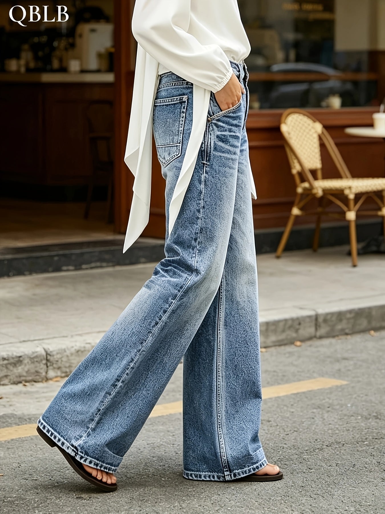 Ladies' High Waisted Washed And Polished White Lightning Pattern Design, Loose And Slightly Flared Jeans
