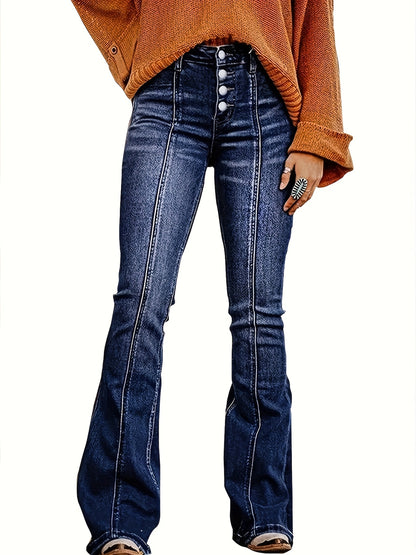 Women'S Slim-Fit Stretch Denim Flare Jeans - Vintage Style Bell Bottoms with Button Closure, Comfortable Mid-Rise Design, Classic Blue Washed Look, Casual & Fashionable for Casual Attire