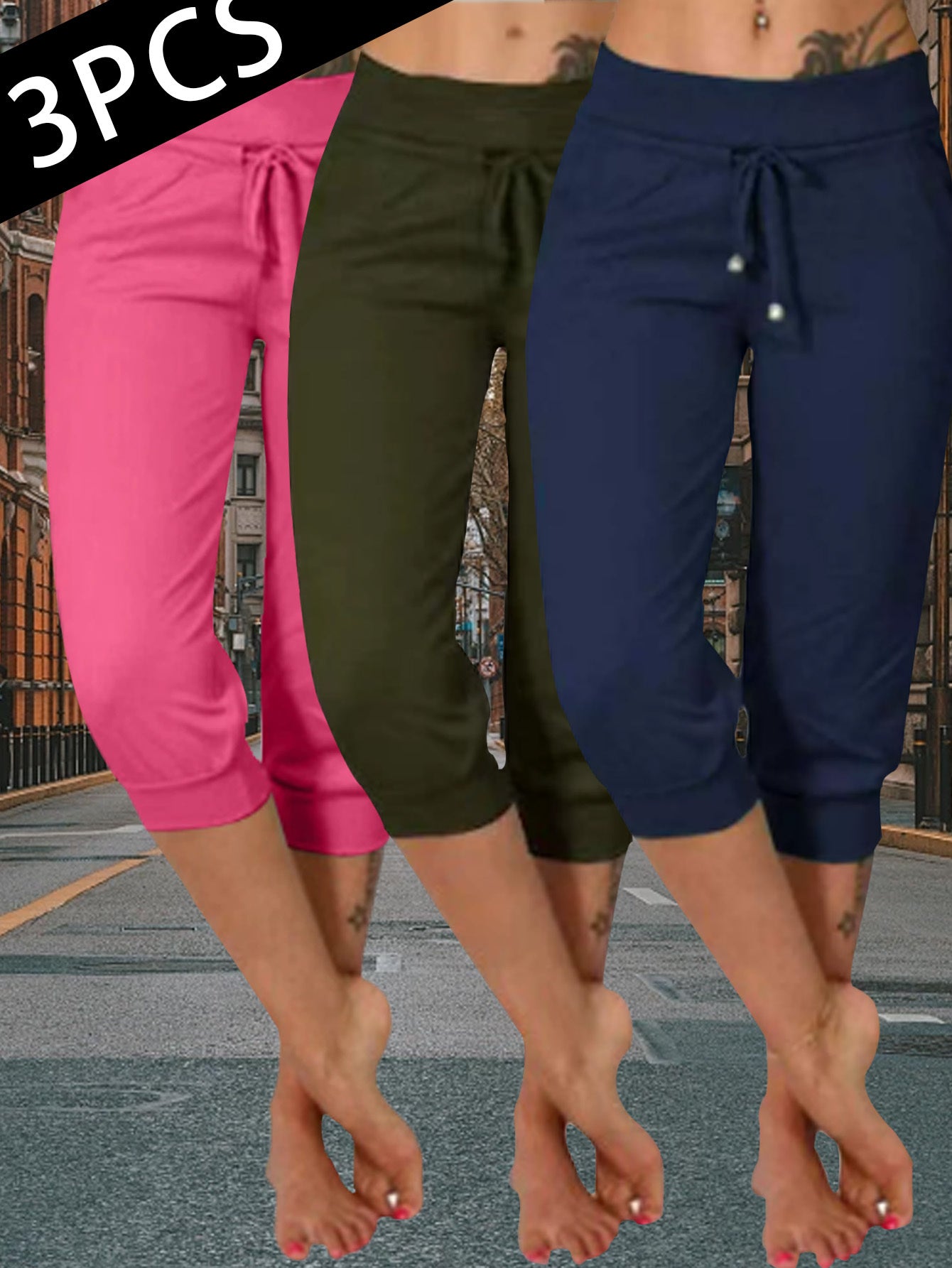 FOEIERAA 3-Pack Ladies' Slim Fit Joggers - High-Waisted, 7/ 8 Length With Drawstring Pockets - Great For Fitness, Errands & Loungewear