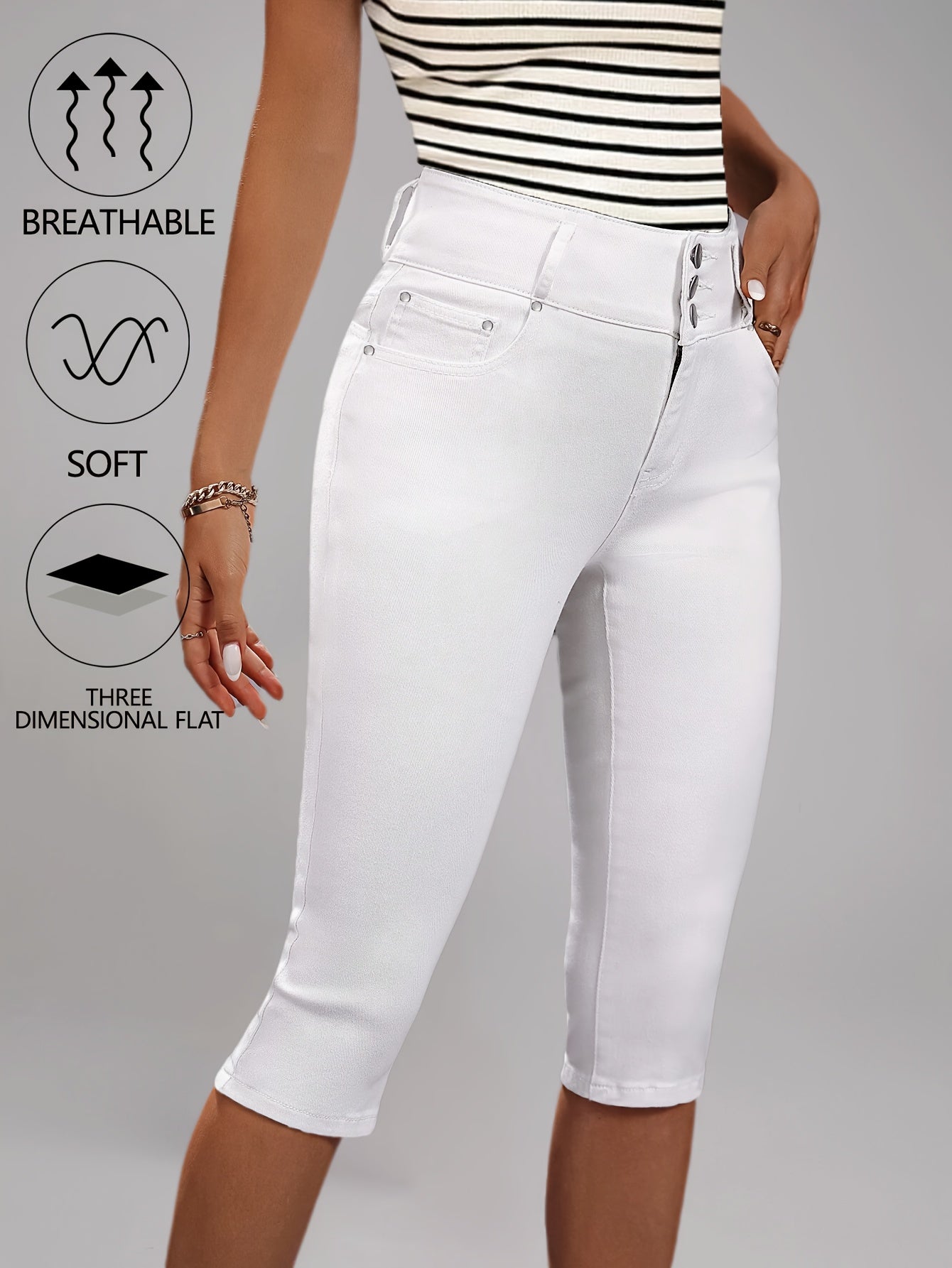 [High-Waisted Stretch Capri] Women's Deep Red High-Waisted Stretch Capri Pants Triple Row Button Fly with Metal Rivet Accents Booty Lifting Design 7/8 Length Cropped Jeans High Elasticity Soft Comfortable Machine Washable Versatile Wardrobe Essential for